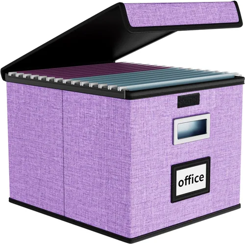 Vista 44 de Caja organizadora de archivos Huolewa con tapa, caja organizadora de carpetas de archivos colgantes de cuero sintético plegable con deslizadores