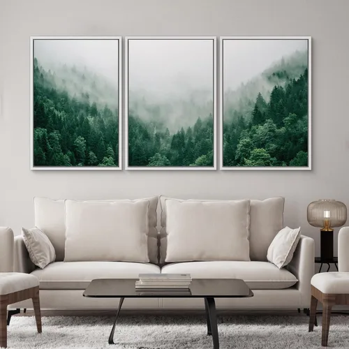 Vista 436 de SIGNWIN Lienzo enmarcado para pared, juego de arte pastel con cadena montañosa, bosque, niebla, naturaleza silvestre, ilustraciones modernas, arte