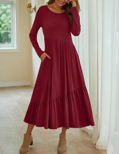 Vista 4 de HAEOF Vestido largo de manga larga para mujer, de cintura alta, holgado, casual, asimétrico, escalonado, plisado, acampanado, vestido largo