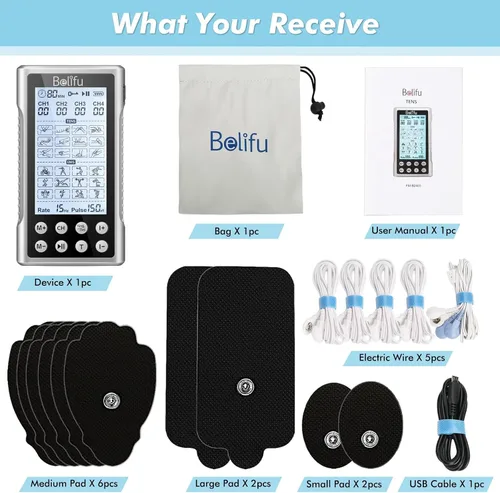 Vista 8 de Belifu - Unidad TENS EMS de 4 canales – 24 modos de masaje y 30 niveles de intensidad, estimulador muscular recargable de pulso eléctrico con 10