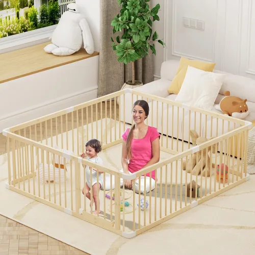 Vista 9 de Corralito grande de madera para bebés, puerta ajustable para niños pequeños y bebés, valla resistente, patio de juegos para bebés con puerta, área