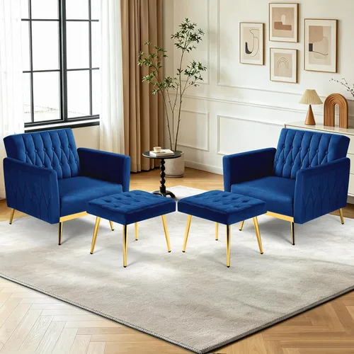 Vista 36 de 2 Pieces Velvet Chairs w/Adjustable Backrest & Ottoman, Baby Blue Azul bebé