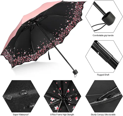 Vista 3 de Sakura - Sombrilla plegable resistente al viento anti lluviasol flor de cerezo