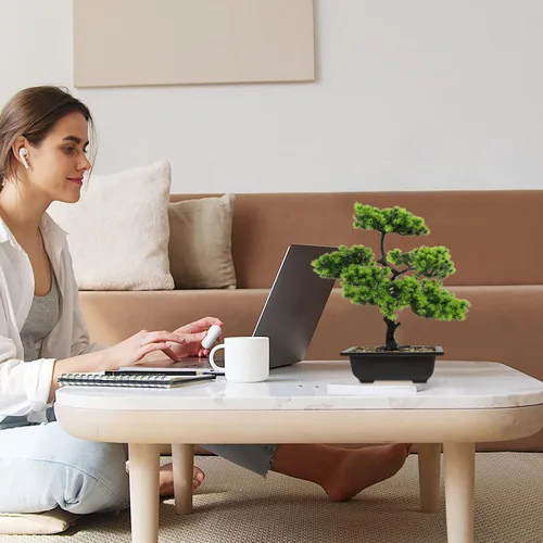 Vista 2 de HOMSFOU Árbol de pino bonsái artificial, simulación de imitación en maceta, exhibición de escritorio, adornos de bonsái falsos de pino japonés