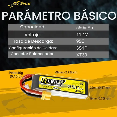 Vista 2 de TATTU R-Line 3S Lipo Batería 550mAh 11.1V 95C con XT30 Plug para FPV Racing Quadcopter