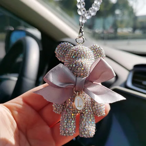 Vista 6 de Bonitos accesorios colgantes para espejo retrovisor de oso con brillantes, ornamentos colgantes brillantes, dijes de oso con diamantes para espejo
