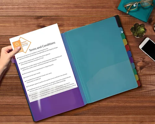 Vista 4 de Better Office Products Carpeta de archivos expansible de 24 bolsillos transparentes con 12 pestañas de colores, tamaño carta, capacidad para 300