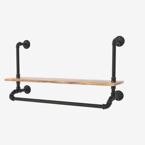 Vista 2 de Tianman Barra de ropa de madera de hierro negro desmontable industrial de 40 pulgadas de ancho, perchero de ropa de tubería resistente, barra