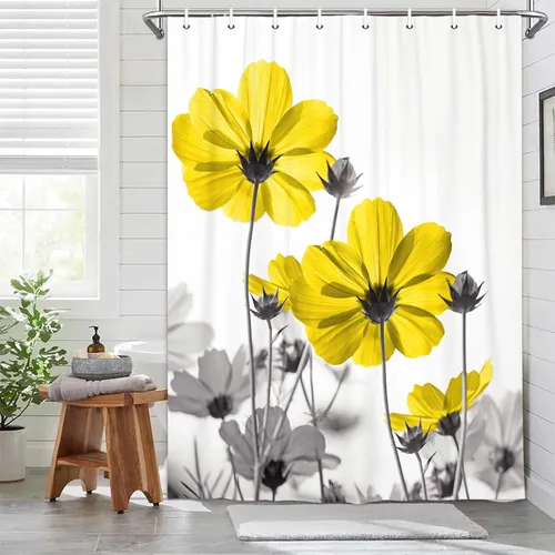 Vista 50 de MERCHR Cortina única floral azul para decoración de baño, cortina de ducha estilo granja con flores de margarita azul y gris elegantes y diseño