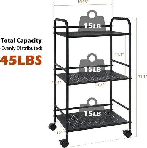 Vista 6 de SunnyPoint Carrito utilitario con ruedas de 3 niveles, organizador de almacenamiento de metal con ruedas, carrito de cocina móvil, organizador