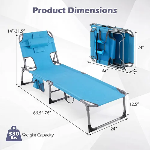 Vista 3 de Tangkula Silla de bronceado con agujero facial, silla plegable ajustable reclinable para playa, tomar el sol con bolsillo lateral, tumbona portátil