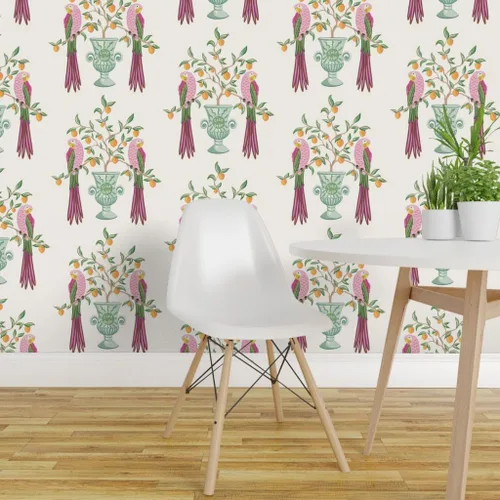Vista 3 de Muestra de papel tapiz extraíble – Pájaros botánicos tropicales loro cítrico floral caprichoso vid hojas naranja limón italiano personalizado