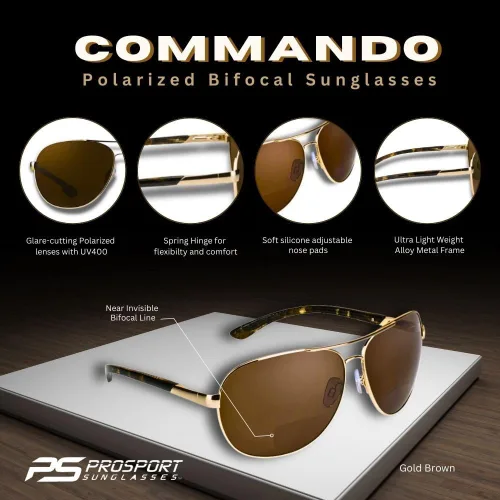 Vista 2 de proSPORT Aviador Polarizado Bifocal Gafas De Sol Lectores Hombres Mujeres De Mar Profundo Pesca Bisagra De Primavera Med - XL Heads, Marco dorado