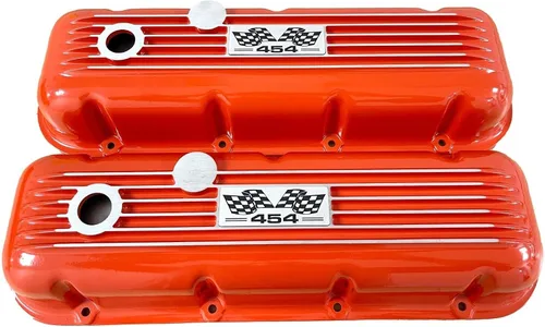Vista 2 de 454 Cubiertas de válvula naranja con aletas para Chevy Big Block y kit de filtro de aire de 13 pulgadas
