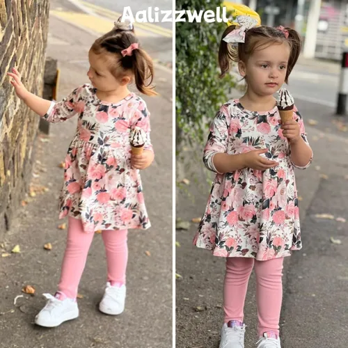 Vista 2 de Aalizzwell Conjunto de túnica floral para niñas pequeñas para otoño e invierno Rosa claro