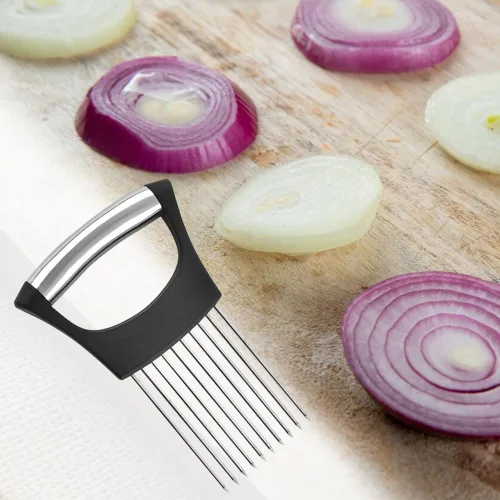 Vista 7 de Soporte de corte de cebolla de acero inoxidable, nuevo cortador de tomate 2025, cortador de verduras multiusos para la cocina, herramienta duradera