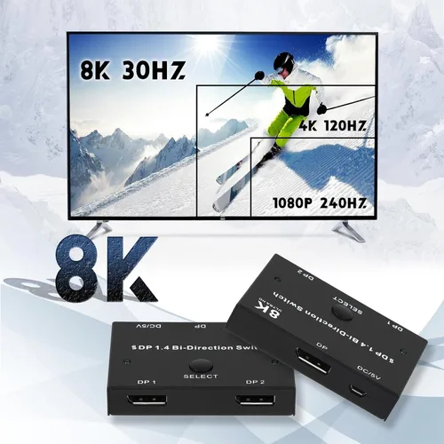 Vista 7 de 8K DisplayPort Switch Splitter DP 1.4 Bidireccional Switcher Soporte 8K @30Hz 4K @120Hz 2 en 1 Salida o 1 en 2 Salida Compatible