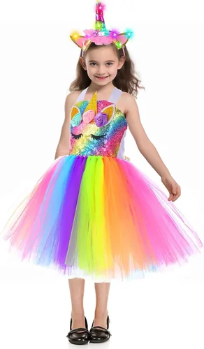 Vista 4 de Camlinbo Halloween Lighted Tutu Dress for Girls Unicorn Princess Dress with Headband Halloween Party Costume Girls 3-10 Years