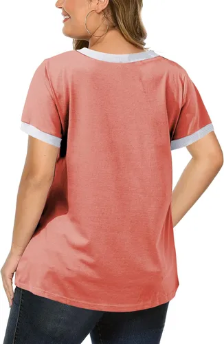 Vista 25 de Eytino Blusas de talla grande para mujer, cuello en V, manga corta, a rayas, casual, holgada, con bolsillo (1X-5X)