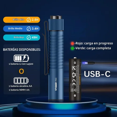 Vista 6 de VTIGER T1A Mini Linterna EDC de Bolsillo con Clip, 1300 Lúmenes Compacta AA Recargable LED Pequeñas Linternas, Interruptor de Cola Súper Brillante