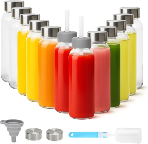Vista 12 de Zukro Botellas de jugo de vidrio de 16 onzas, tapa de acero inoxidable a
