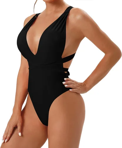 Vista 2 de Traje de baño de una pieza para mujer con control de abdomen y cuello en V, traje de baño sin espalda