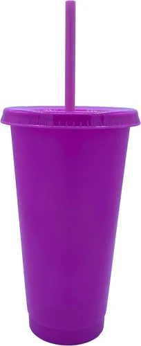 Vista 2 de Vaso frío de plástico reutilizable de 24 onzas con popote y tapa, paquete de 4 unidades (soplo)