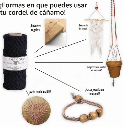 Vista 2 de Hemptique - Cuerda 100 % de cáñamo - Cordón de cáñamo de 205 pies - Hecho con amor - No. Cuerda de 0.78 a 0.82 pies para hacer joyas, macramé