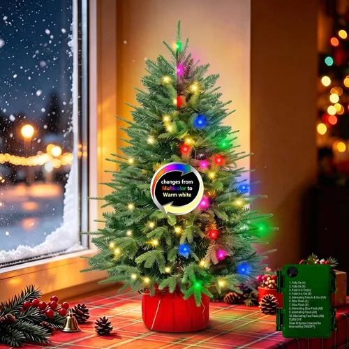 Vista 10 de Árbol de Halloween negro de 2 pies con luces, 50 LED multicolor preiluminado, mini árbol de Navidad artificial morado, árbol de Halloween
