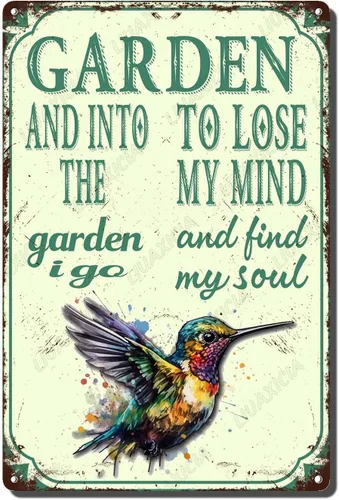 Vista 8 de LIUAXICIA Letreros divertidos de metal con texto en inglés "In The Garden to Lose My Mind and Find My Soul Bee Garden - Letreros de lata