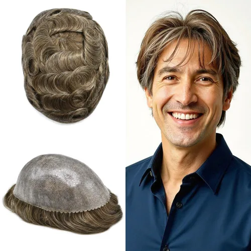 Vista 71 de Toupee para hombre 100% cabello humano real tupé para hombres 0.004 in piel de poliuretano para hombre, sistema de reemplazo de piezas de pelo