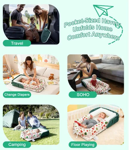 Vista 6 de Tumbona para bebé, tumbona portátil plegable de viaje para recién nacido de 0 a 12 meses, lavable y ligera, nido para bebé con toldo, nido de bebé