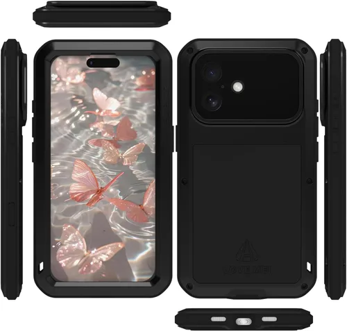 Vista 2 de LOVE MEI Funda militar resistente para iPhone 17, a prueba de golpes, de metal, resistente, con protector de pantalla de vidrio templado (negro)