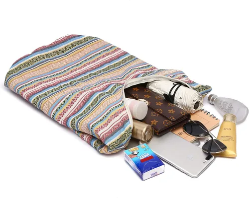 Vista 8 de Bolsa de hombro para mujer, de lona en estilo hippiebohemio para llevar cruzada al hombro, disponible en diferentes colores y estampados