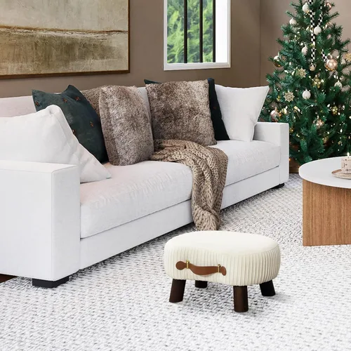 Vista 3 de LUE BONA Taburete pequeño curvado con asa, reposapiés de terciopelo beige y otomanos, moderno reposapiés con patas de madera, taburete con asiento