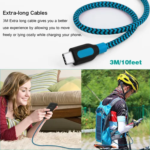 Vista 4 de Canjoy Cable USB C, paquete de 3 cables trenzados de carga rápida tipo C de Azul