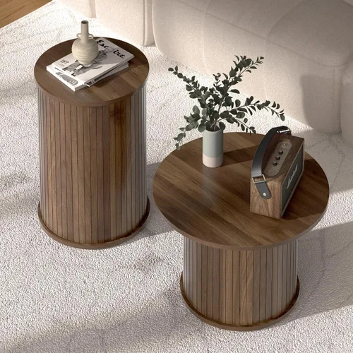 Vista 8 de Juego de 2 mesas auxiliares redondas anidables para sala de estar, círculo acanalado de madera de nogal y juegos de mesa auxiliar para apartamentos