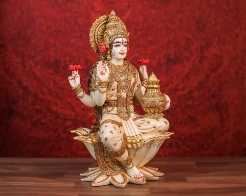 Vista 2 de SHIVAJIARTS Gran estatua Lakshmi, 12.2 in pintado a mano polvo mármol diosa lakshmi ídolo en loto. diosa hindú del dinero, riqueza, abundancia