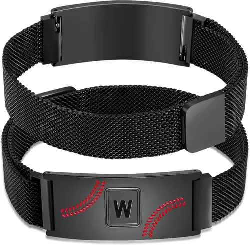 Vista 53 de Fervia Regalos de graduación de Pascua para hombres, pulsera con inicial de béisbol, color negro, plateado, dorado, acero inoxidable, pulseras