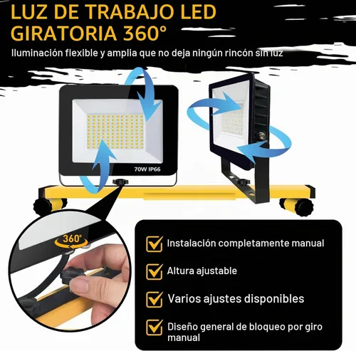 Vista 5 de Luces de trabajo con soporte, 21000 lúmenes, 2 cabezales ajustables, luces de trabajo LED, con soporte de trípode ajustable y plegable, lámpara