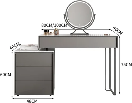 Vista 2 de HIHELO Dressing Tables Wood Slate Dressing Table Bedroom Simple Gray Makeup Table Side Cabinet Makeup Stool Mirror Telescopic Side Cabinet Wooden