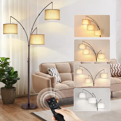 Vista 11 de OUTON Lámpara de pie LED de arco, lámpara de pie alta moderna negra de 3 luces para dormitorio, 2400lm lámparas de esquina de pie ajustables