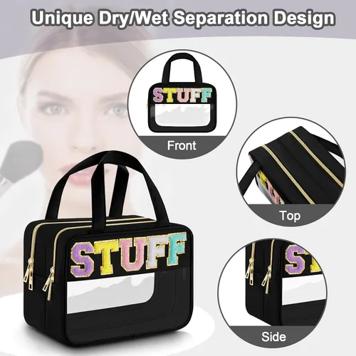 Vista 4 de Bolsa de Maquillaje Transparente con Letras de Chenilla, Bolsa de Cosméticos Preppy Transparente, Bolsas de Snacks Transparentes con Cremallera