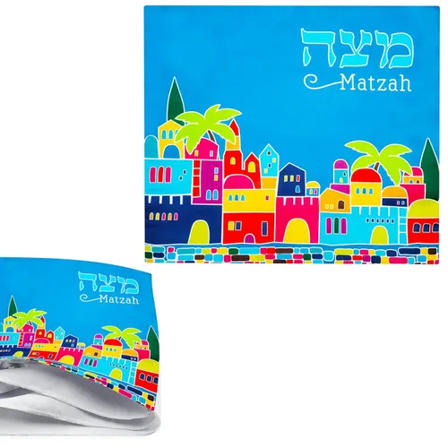 Vista 6 de Pésaj Jerusalén Afikoman - Cubierta para Pascua en hebreo e inglés, azul satinado