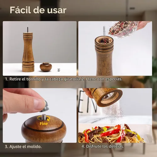 Vista 5 de Molinillo de sal y pimienta de madera, molinillo de sal y pimienta, cocteleras de madera de roble con molinillos de cerámica ajustables, 8 pulgadas
