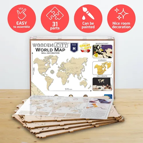 Vista 3 de WOODEN.CITY Decoración de pared de madera con mapa del mundo M - Places I've Been Map of the World Wall Art - Hecho en la UE