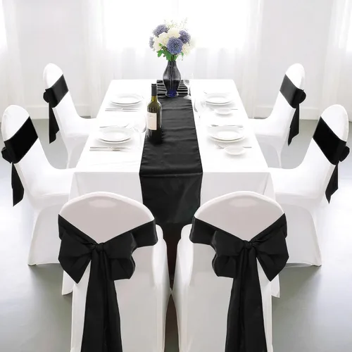 Vista 5 de Paquete de 12 caminos de mesa de satén de 12 x 108 pulgadas de largo para Navidad, fiestas de cumpleaños, banquetes, graduaciones, compromisos Negro