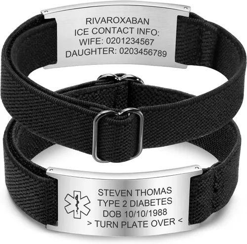 Vista 20 de Pulsera de alerta médica personalizada para hombres - Pulseras de identificación de acero inoxidable con correa elástica personalizada grabada