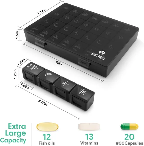 Vista 2 de Organizador de Pastillas XL 4 Veces al Día, BUG HULL Pastillero Semanal Grande para Viajar, Estuches de Pastillas Portátiles Contenedor de Pastillas