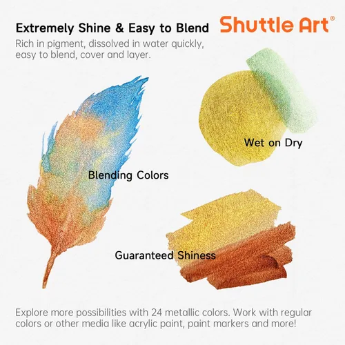 Vista 8 de Shuttle Art - Pinturas de acuarela metálicas, 24 colores de pintura de acuarela con purpurina en medias sartenes con pincel de agua, almohadilla